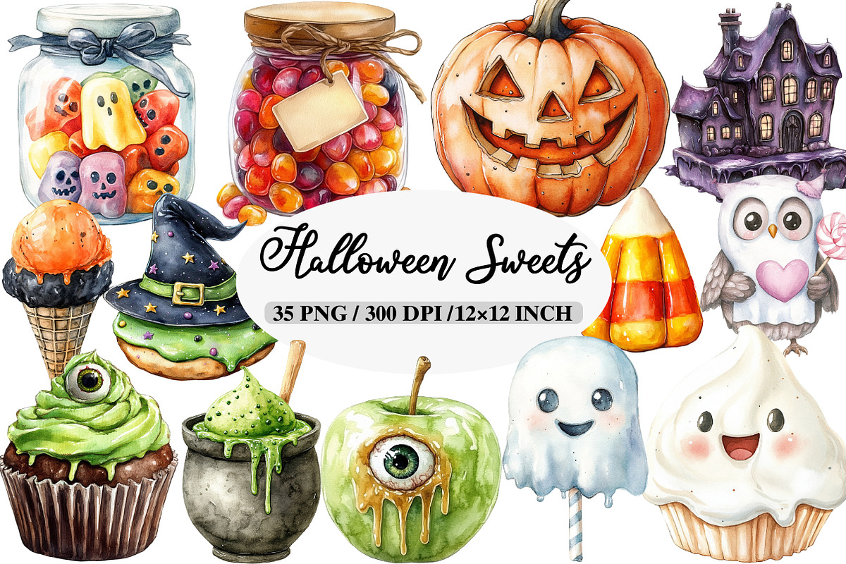 Watercolor Halloween Sweets Clipart, an Illustration by Daily.Designs (Photo 1 of 5)