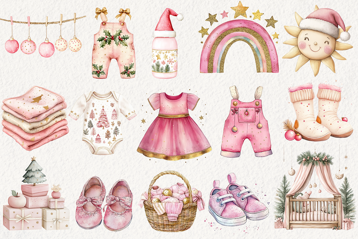 Baby’s 1st Pink Christmas Clipart, an Illustration by NadiaTheronArt (Photo 2 of 4)