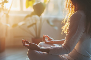 Woman meditates peacefully in soft, a Sports & Recreation Photo by MistyDay