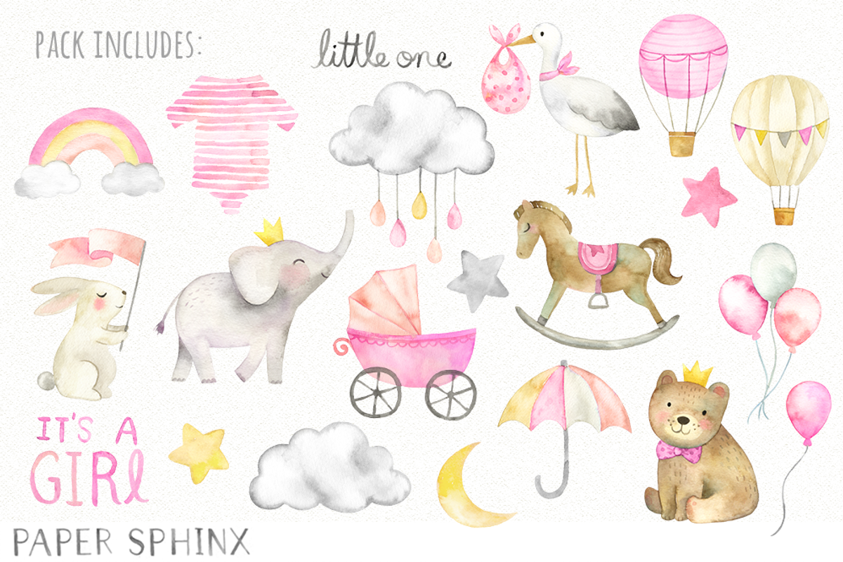 Watercolor Girl Baby Shower Pack, an Illustration by PaperSphinx (Photo 2 of 2)