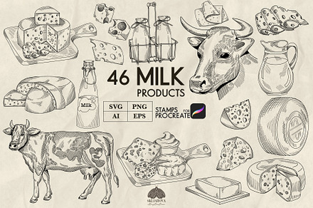 Milk products line art + Procreate, a Food Illustration by Skliarova