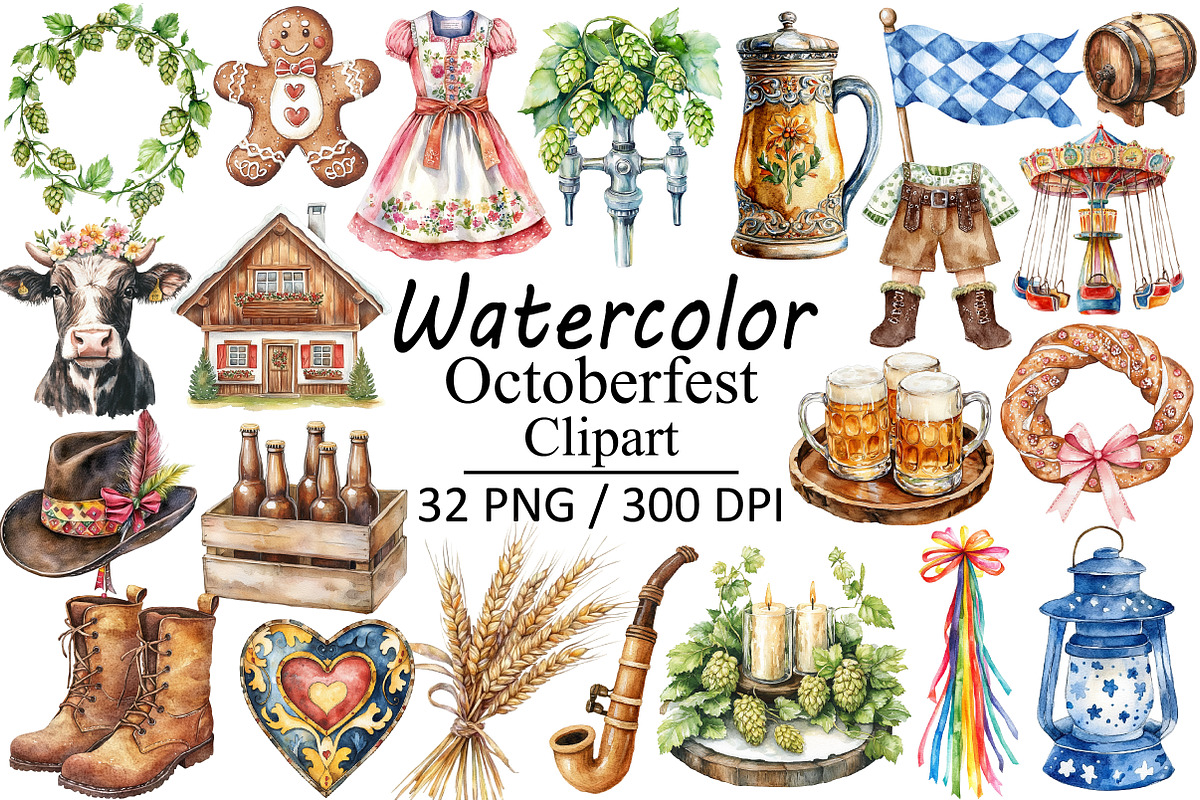 Watercolor Octoberfest Clipart, an Illustration by Design Market (Photo 1 of 3)