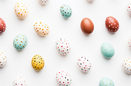 Colorful easter eggs on white background, a Holiday Photo by AlyaAnd