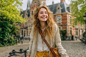 Happy woman with bicycle near old bu, a Photo by Pixeness Studio