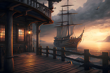 Pirate port with tavern overlooking, an Illustration by Lopatin Photo