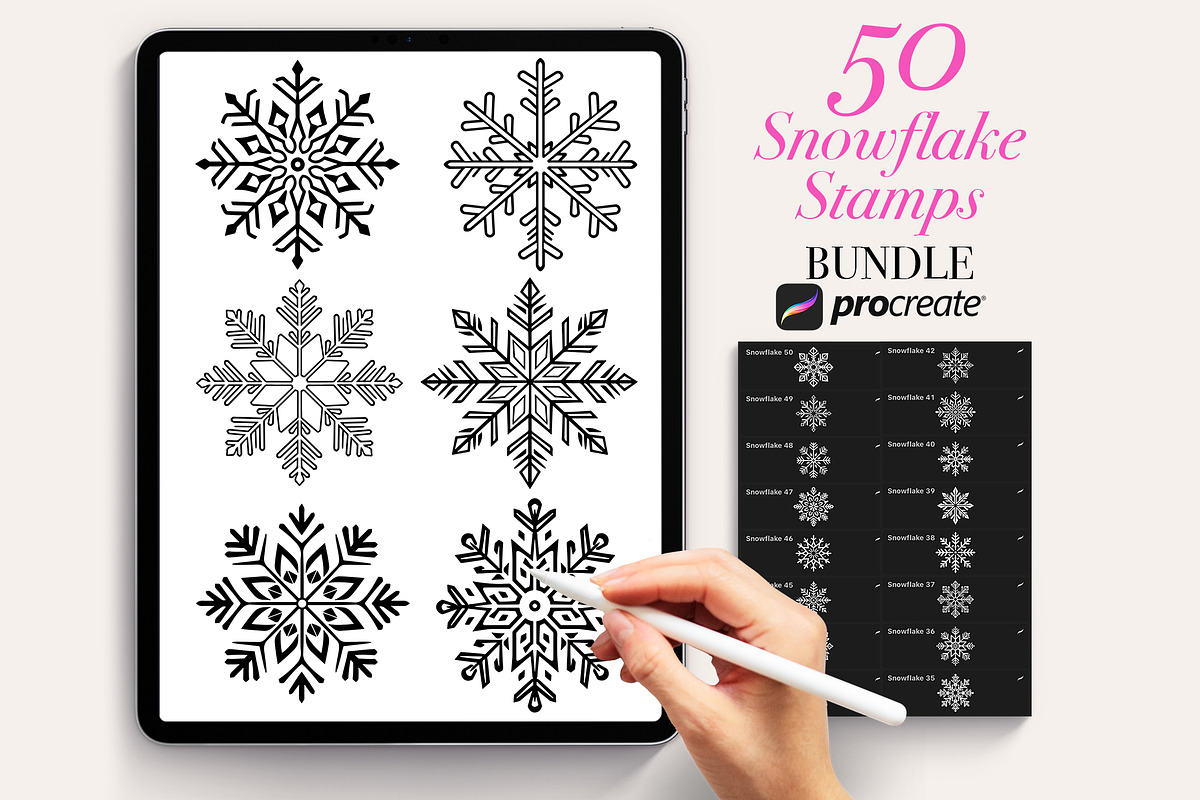 50 Snowflake Procreate Stamps Brush, a Brush Add-On by Procreate Sale (Photo 1 of 6)