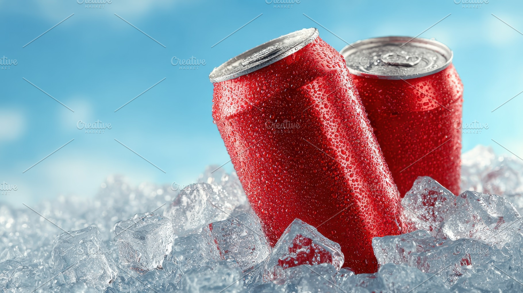 Red soda cans in ice refreshing summ, a Photo by Pixeness Studio