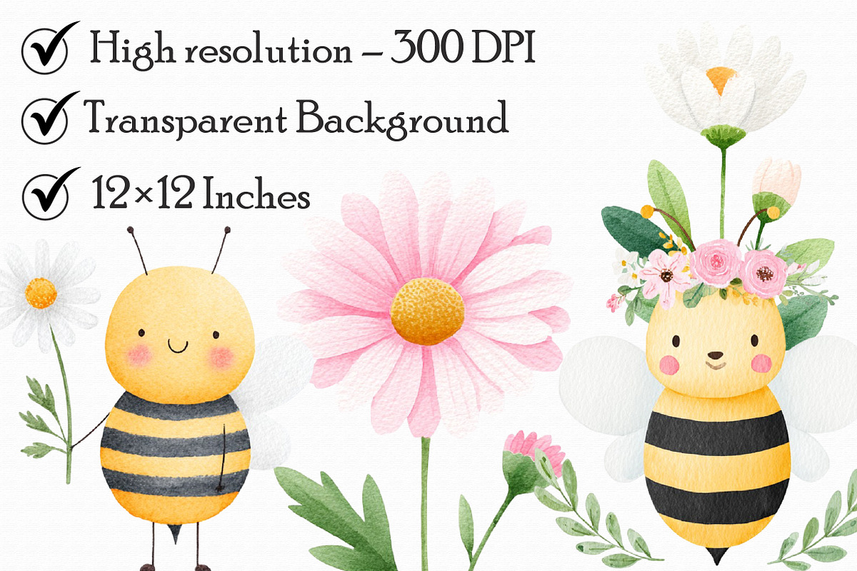 Cute Honey Bee Daisy Clipart, an Illustration by Libby Wishes (Photo 2 of 7)