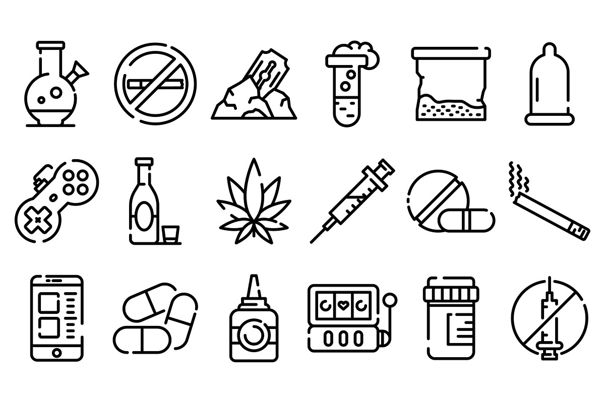 Addiction icons set, outline style, an Illustration by Ylivdesign ...