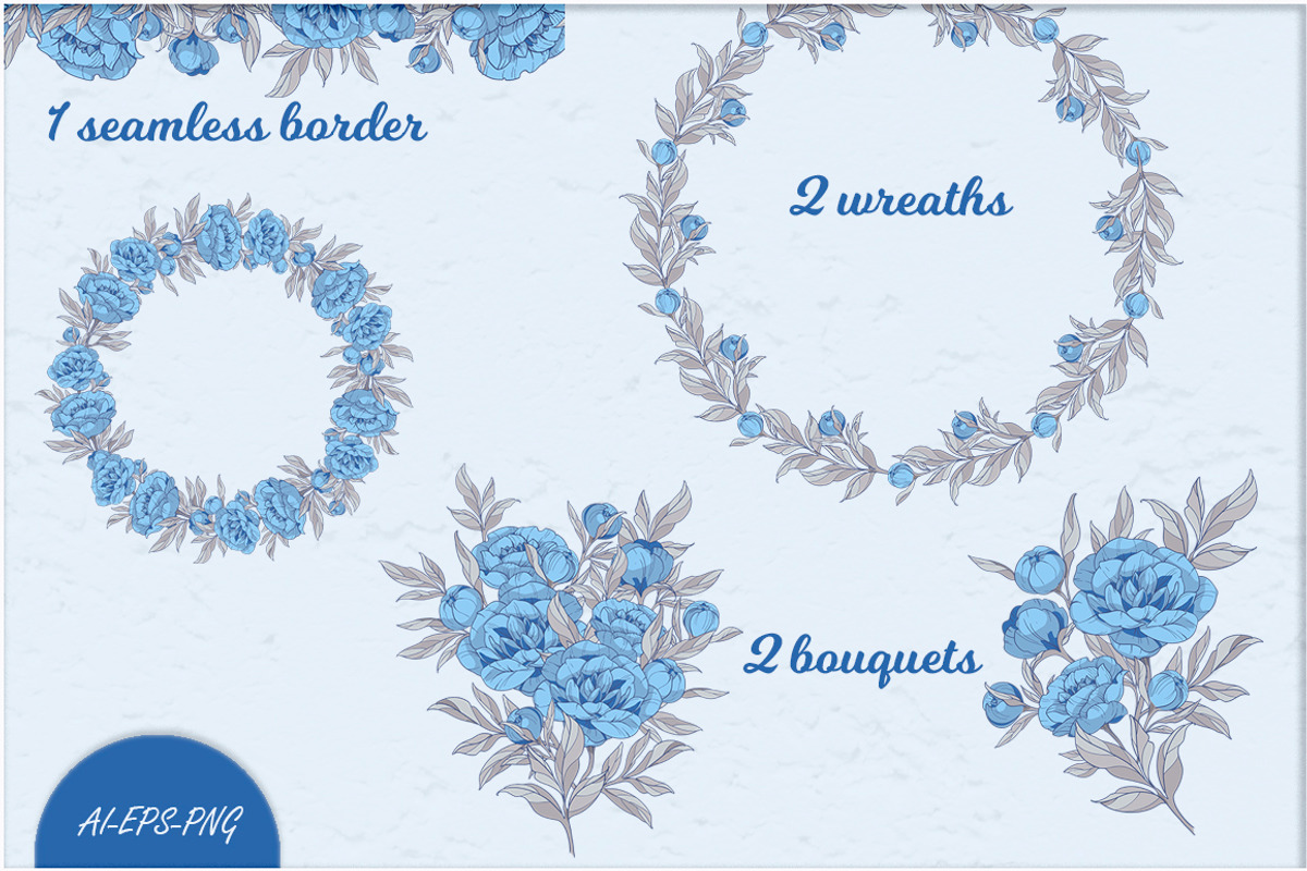Clipart with blue peonies flowers, a Decorative Illustration by EshaStudio (Photo 6 of 7)