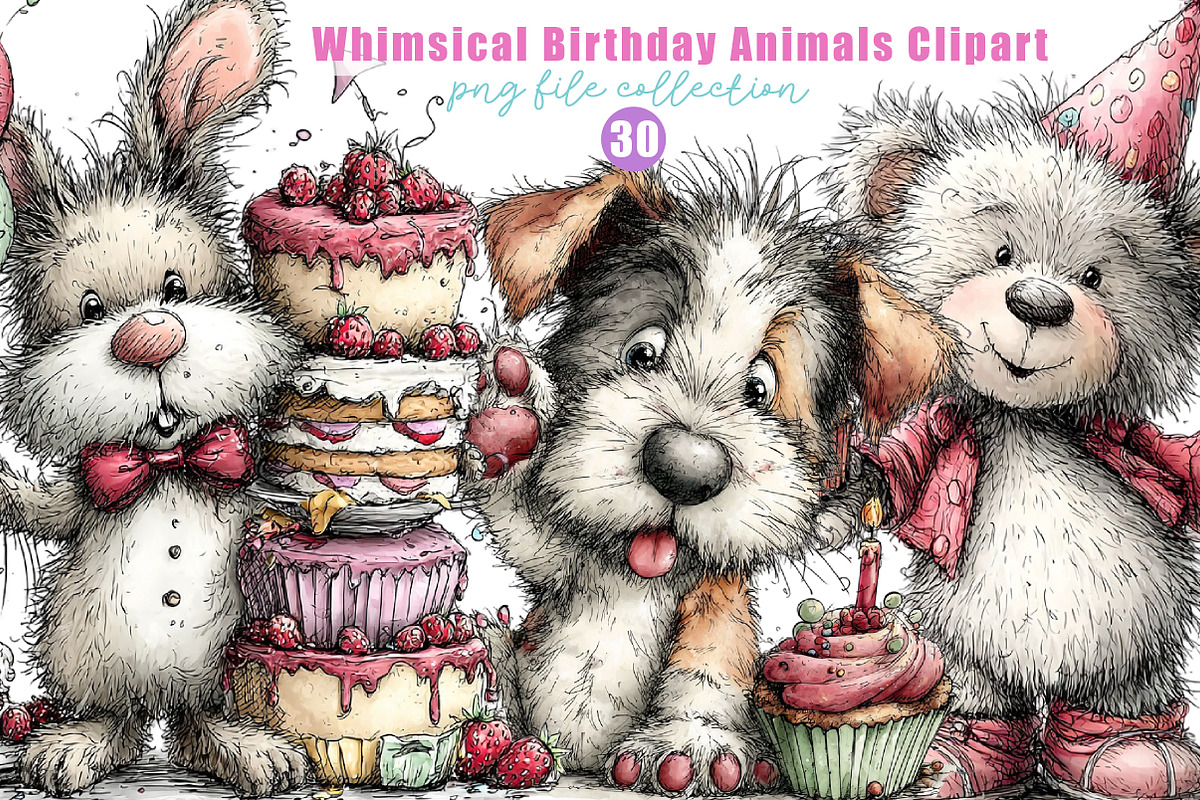 Whimsical Birthday Animals Clipart, an Illustration by Dream Creation (Photo 1 of 6)