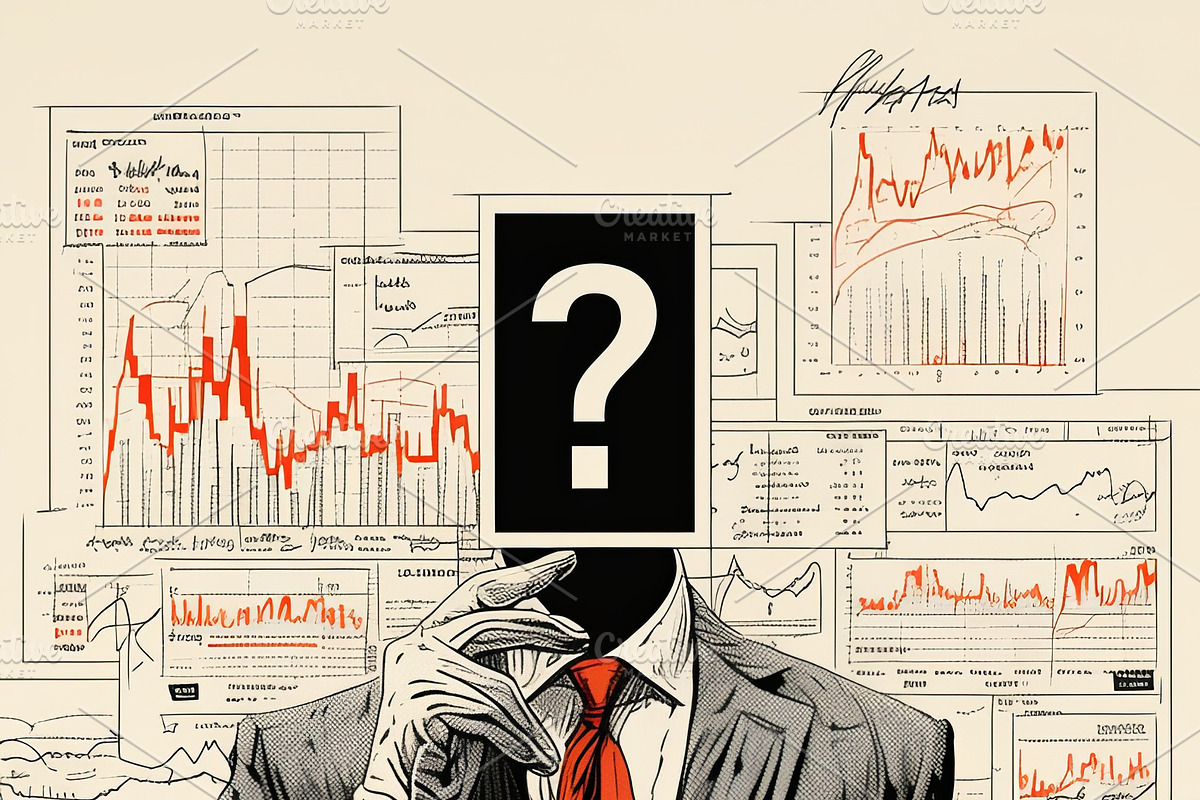 Businessman with question mark head in front of stock market charts, an Illustration by AS photostudio