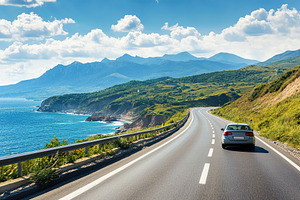 Driving along a scenic highway with mountains and ocean views on a beautiful da, a Transportation Photo by AlyaAnd