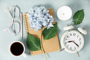Morning Routine Flat Lay with Notebook, Coffee, and Hydrangea, a Holiday Photo by Natalia Klenova's Shop