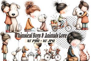 Whimsical Girl & Dog Love Clipart, a Graphic by one-touch