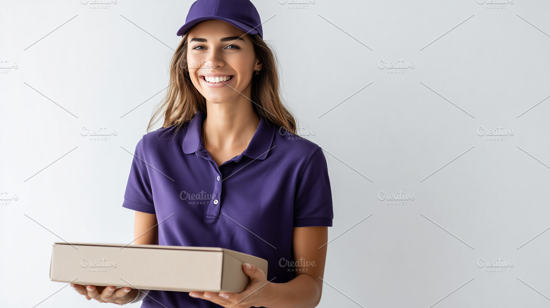 Smiling female courier in purple, a Person Photo by MistyDay