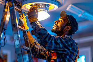 Young electrician installing ceiling lighting fixtures, a Photo by DanFLCreativo