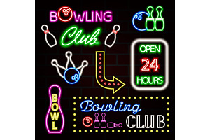 Bowling neon sign set. Bowling club logo, emblem. Vector illustration EPS10