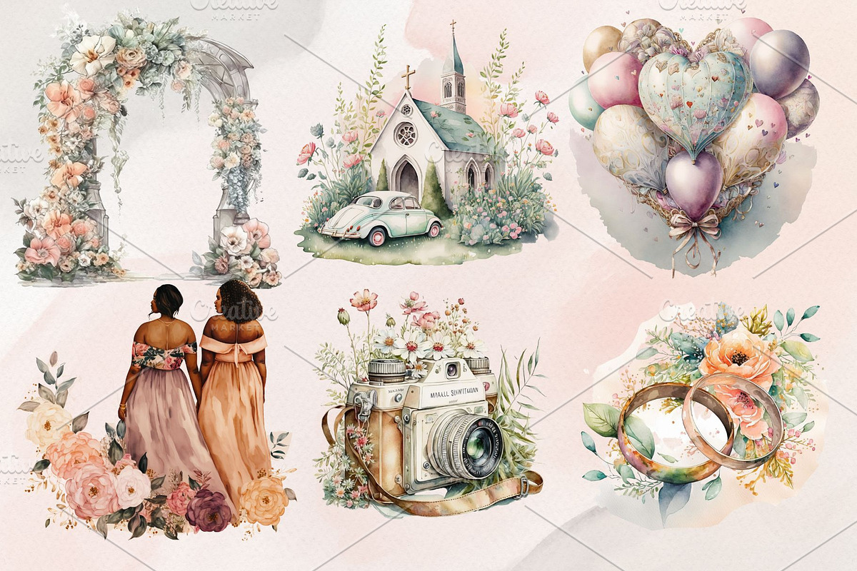 22Watercolor Wedding Clipart PNG Set, an Illustration by Jalina Clipart Studio (Photo 4 of 8)