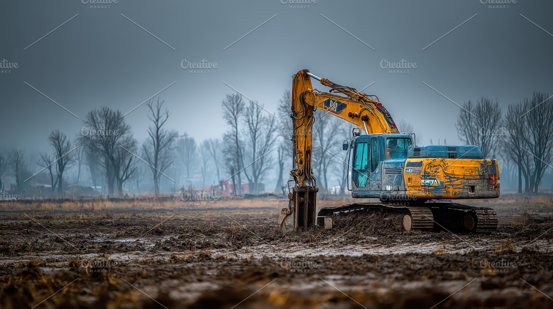 Excavator in muddy field under gloom, a Photo by Pixeness Studio
