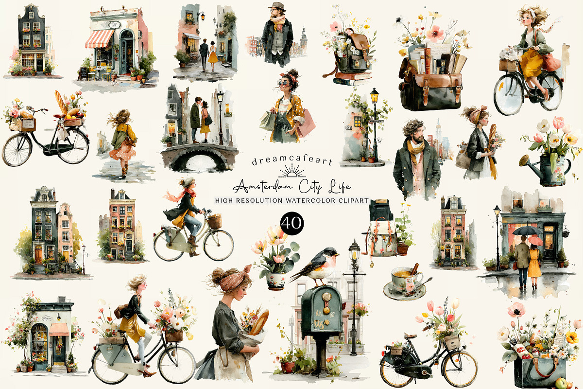 Watercolor Amsterdam City Life PNG, an Illustration by DreamCafeArt (Photo 1 of 6)