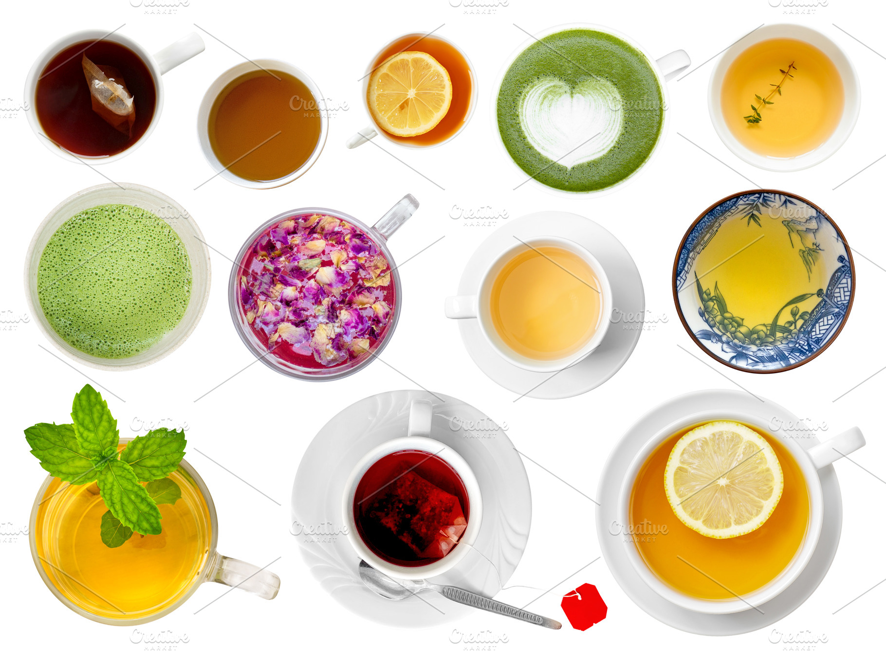Tea cup set isolated top view, a Food & Drink Photo by BOOCYS