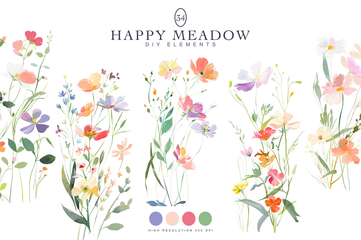 Watercolor Meadow Flower Clipart Set, a Decorative Illustration by Patishop Art (Photo 1 of 6)
