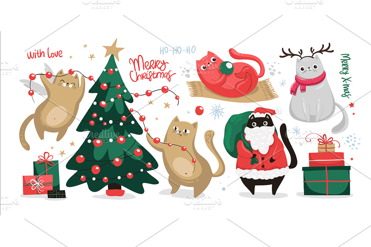 Christmas set of elements with cats, an Animal Illustration by Marysha Art