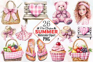 Pink Gingham Summer Clipart, an Illustration by RobertsArt