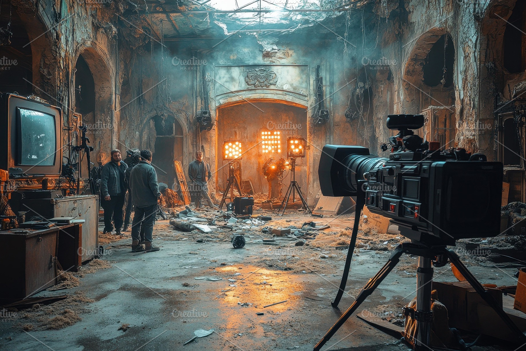 Film crew captures scenes in a derel, a Photo by Tanuart