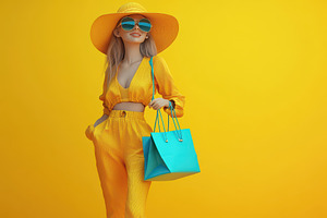 Fashionable woman in bright yellow o, a Photo by Tanuart