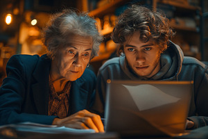 An elderly woman and a young man collaborating on a laptop in a cozy, warmly li, a Person Photo by ImageMir