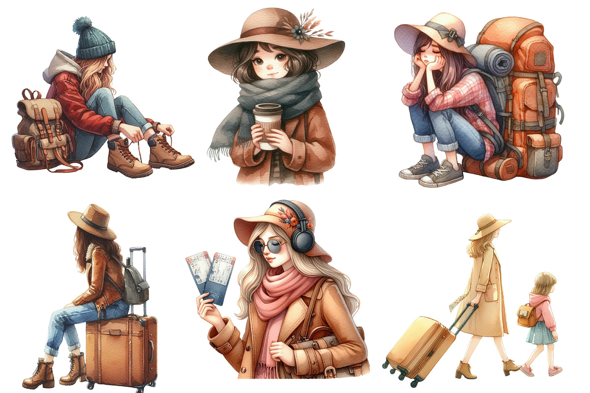 Traveler Girl Clipart Bundle, an Illustration by Designworld (Photo 4 of 6)