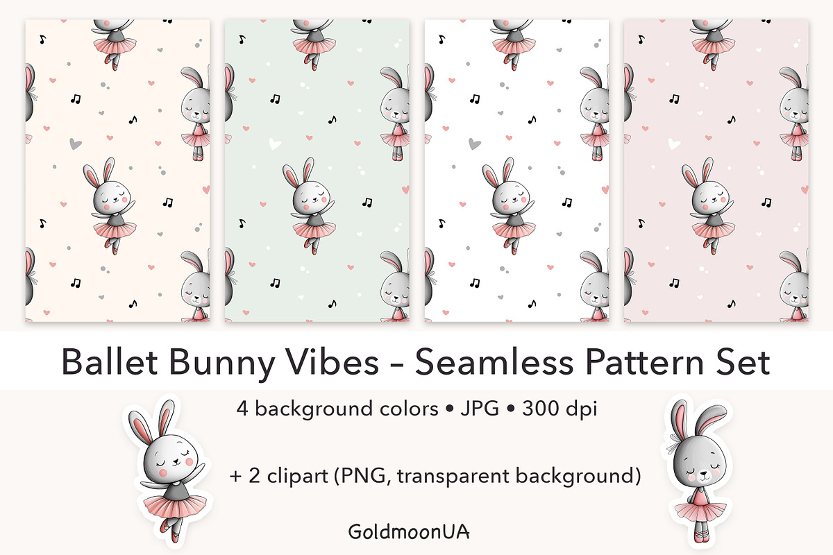 Ballet Bunny Vibes Patterns & Clipar, an Animal Illustration by GoldmoonUA (Photo 1 of 5)