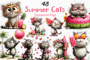 Whimsical Summer Cats Clipart, an Illustration by Craft Nest