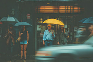 Rainy Day City Street People Umbrell, a Photo by Pixeness Studio