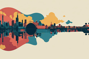 A guitar shape shows a city skyline, a Photo by Beautiful things