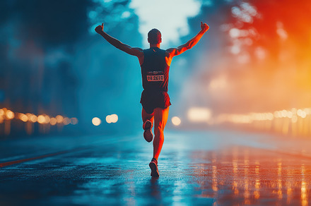 Marathon runner triumphantly crosses, a Background Photo by Pixeness