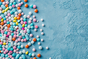 Colorful medicine pills with copyspace on blue background, a Health & Medical Photo by AlyaAnd