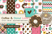 Coffee Donut Digital Papers Clipart, a Pattern Graphic by JennyL Designs (Thumbnail 1 of 5)