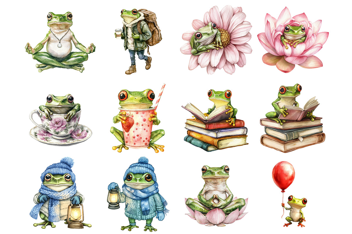 Watercolor Cute Frog Clipart, a Seasonal Illustration by CitraGraphics (Photo 3 of 3)