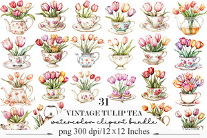 Watercolor Vintage Tulip Tea Time, an Illustration by Designking