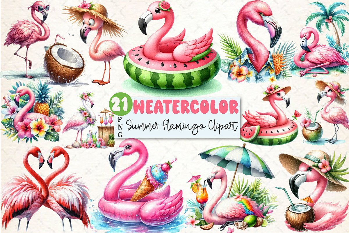 Summer Flamingo Sublimation Clipart, an Illustration by Rose Art (Photo 1 of 4)