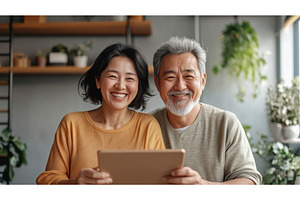 A joyful Asian senior couple uses a, a Technology Photo by Sergey Kotenev