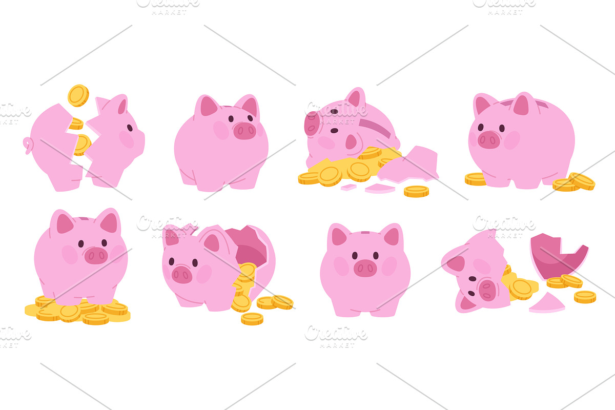 Broken cartoon pig bank. Break piggy, a Finance Illustration by LadadikArt