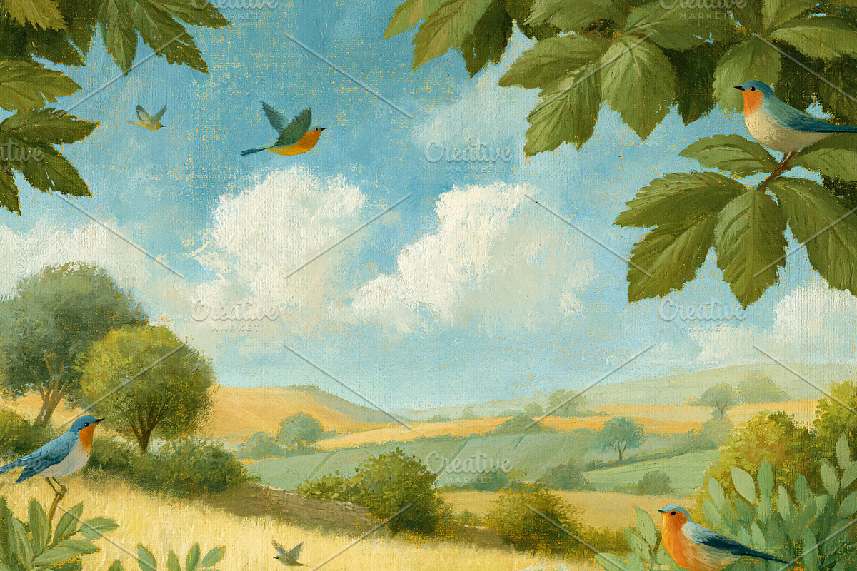 Summer countryside landscape view with flying birds, sunflowers,, an Illustration by Studio ANNA