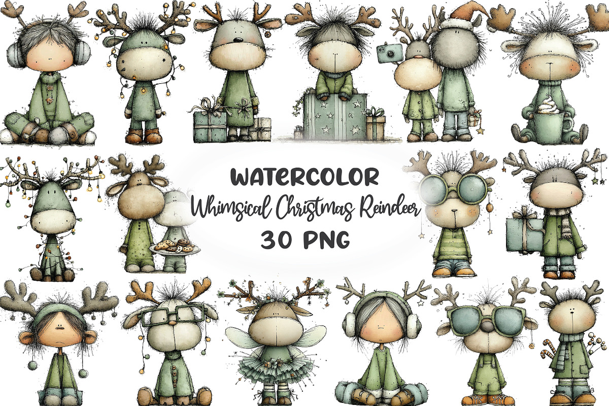 Whimsical Christmas Reindeer Clipart, an Illustration by CraftArtStudio (Photo 1 of 6)