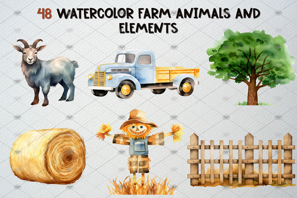 Watercolor Farm Animals Clipart Set