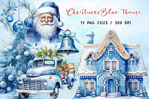 Blue Christmas Watercolor Clipart