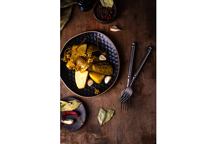 Bowl of pickled marinated cucumbers
